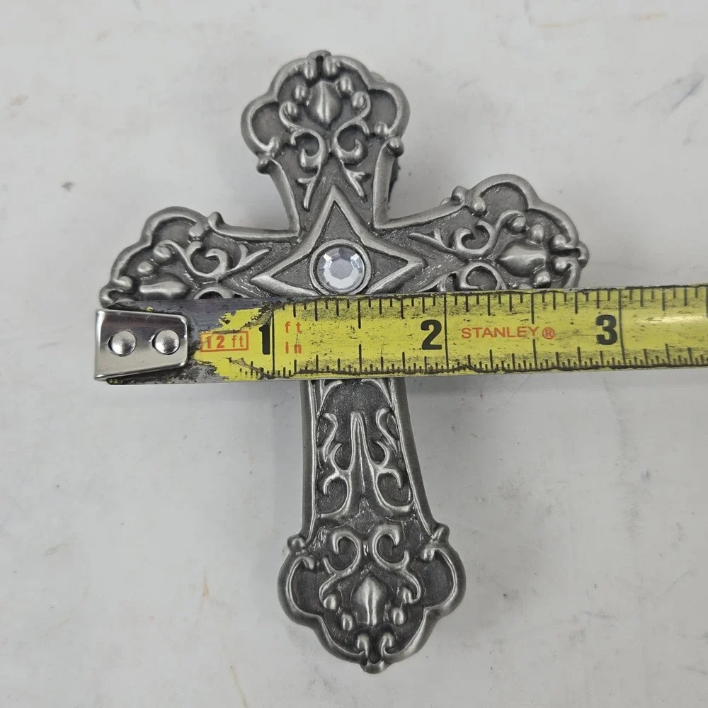 VTG  Pewter Color Ganz Cross Trinket Jewelry Prayer Box Black Enamel Lined MINT